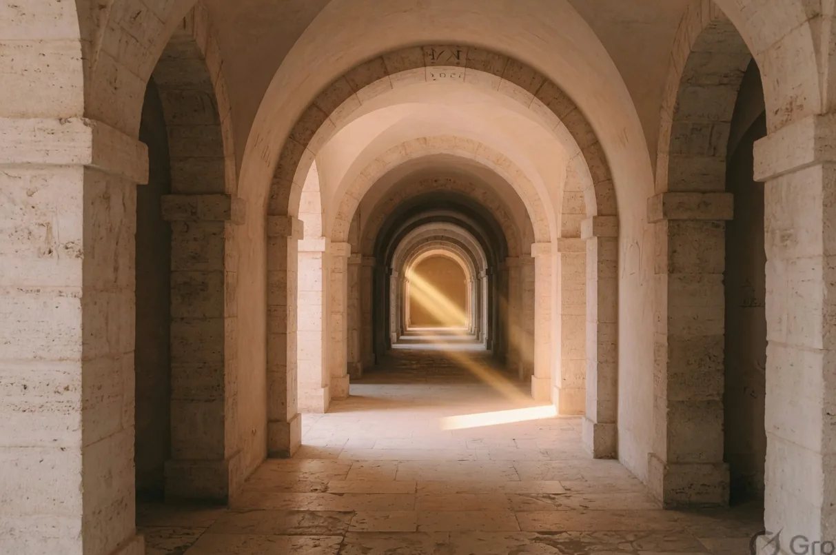 Stone arcade in late light