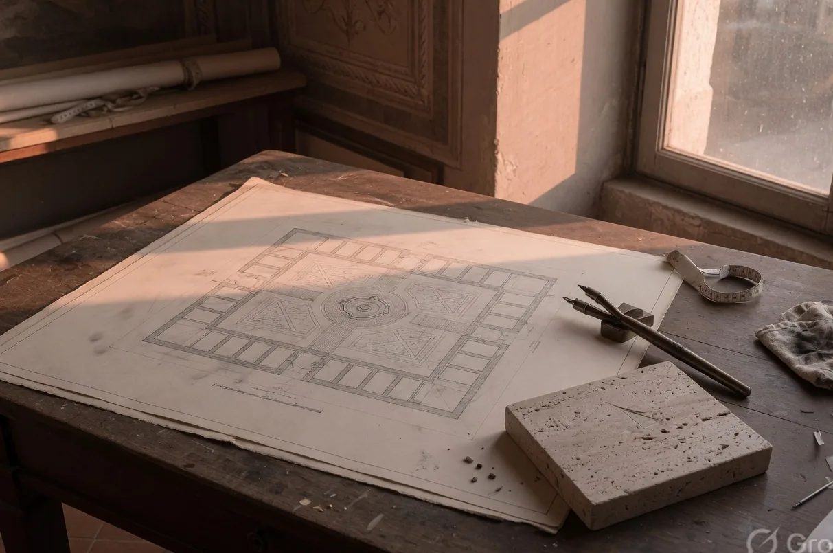 Working table with a plan on paper