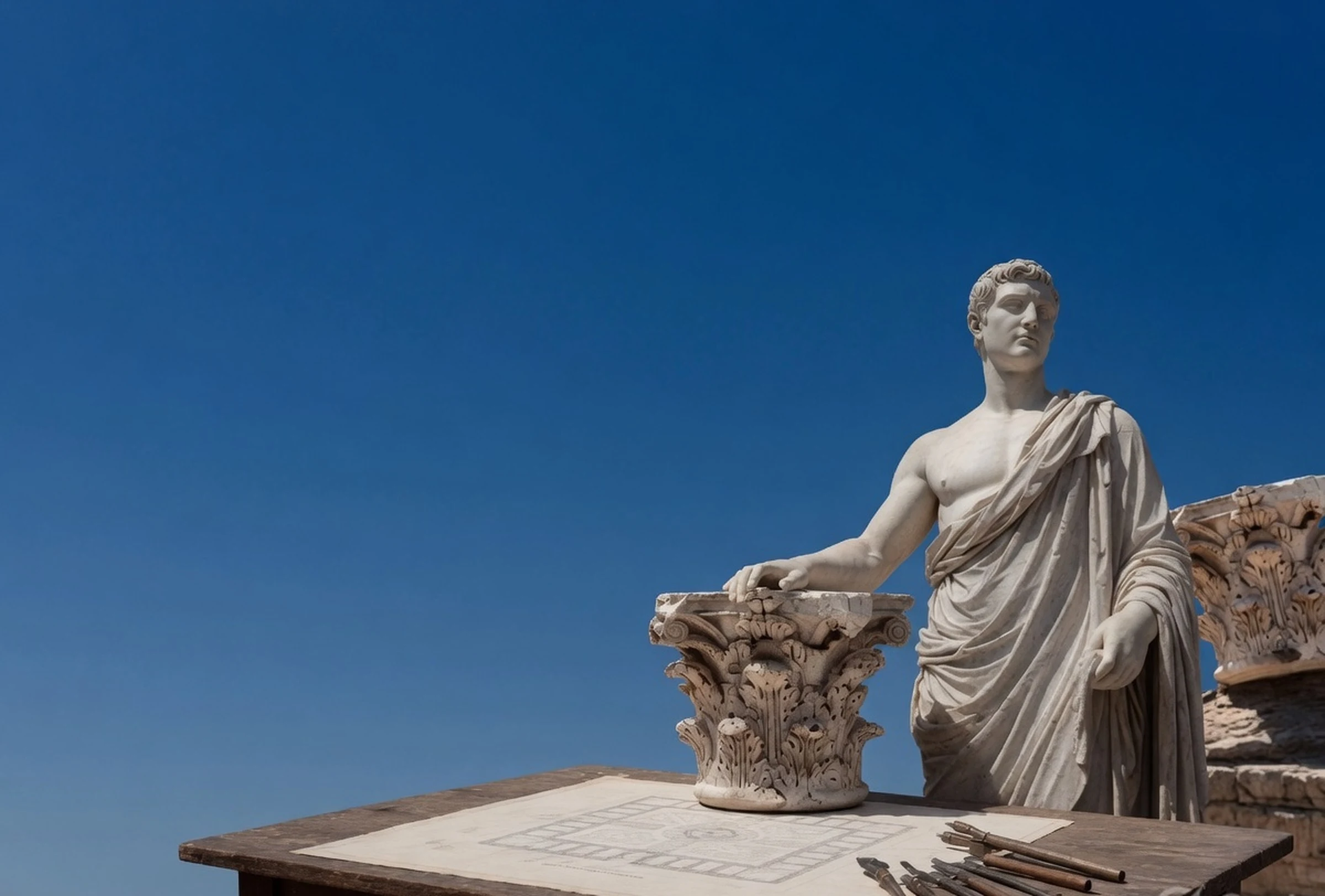 Marble statue finishing a capital on a work table under a Roman sky
